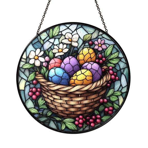 Stained Glass Easter Egg Basket Window Suncatcher, Festive Spring Sun Catcher Hanging, Cheerful Home Decoration