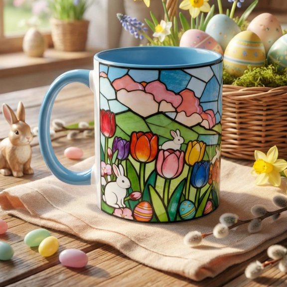 Stained Glass Easter Mug, Spring Tulip Bunny Coffee Cup, Easter Gift For Her, Colorful Easter Basket Gift, Cute Spring Mug,