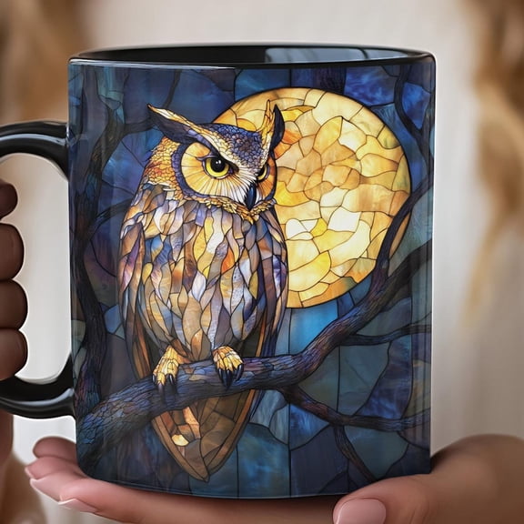 Stained Glass Effect Owl in Moonlight, Night Owl Coffee Cup, Ceramic Mug, Bird Lover Gift, Animal Decor, Woodland Creature, morning coffee