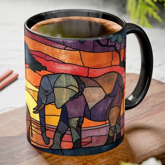 Stained Glass Elephant Coffee Mug – Sunset Safari Art Ceramic Cup – Unique Wildlife Lover Gift, 11oz Vibrant Animal Pattern Mug for Home or Office