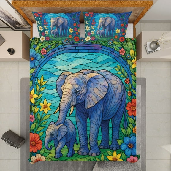 Stained Glass Elephant Quilt Bedding Set - Colorful Floral Design with Elephant and Baby Elephant, Best Gift for Bedroom Décor