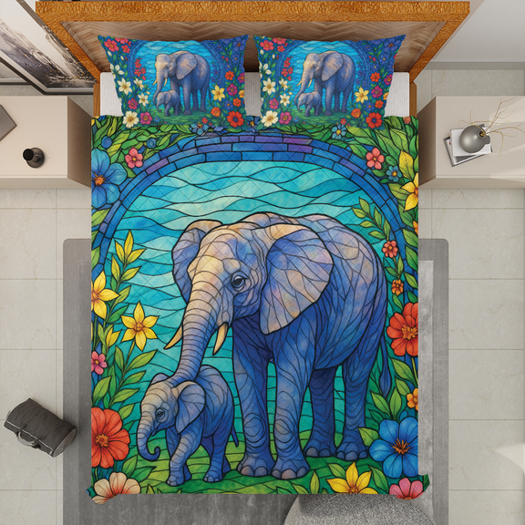 Stained Glass Elephant Quilt Bedding Set - Colorful Floral Elephant and Baby Elephant Quilt Set