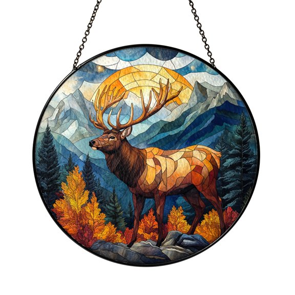 Stained Glass Elk in Wilderness – Majestic Antlers Design, Wildlife Window Art, Rustic Cabin Decor, Nature Lover Gift