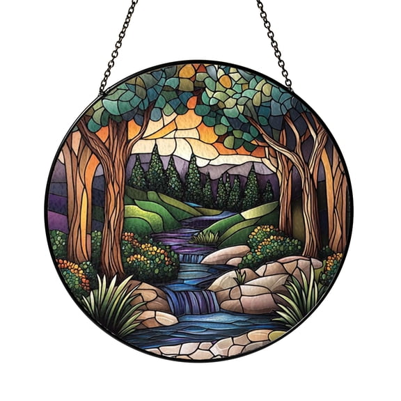 Stained Glass Enchanted Forest Window Decor, Peaceful Woodland Stream Art for Cozy Living Spaces