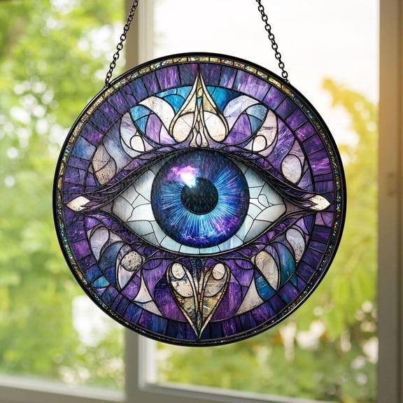 Stained Glass Eye Suncatcher, Mystical Third Eye Window Hanging, Spiritual Protection, 3.5 in