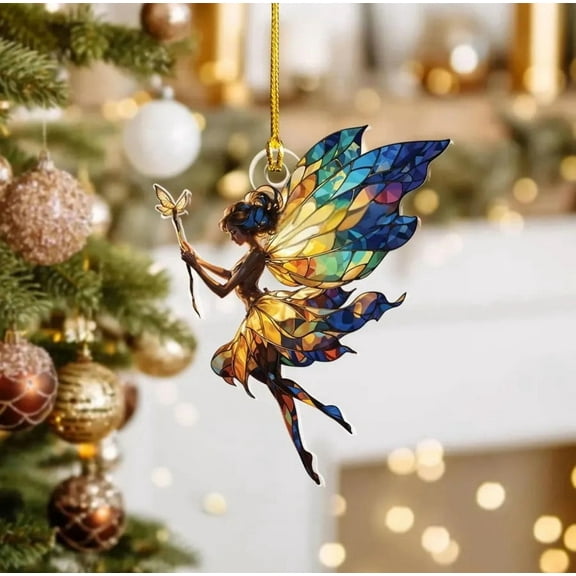 Stained Glass Fairy Christmas Ornament, Magical Whimsy Pendant for Tree or Home Decoration, Handmade Acrylic Ornament for Holiday Display, Enchanting Gift for Family Friends Fairy Lovers