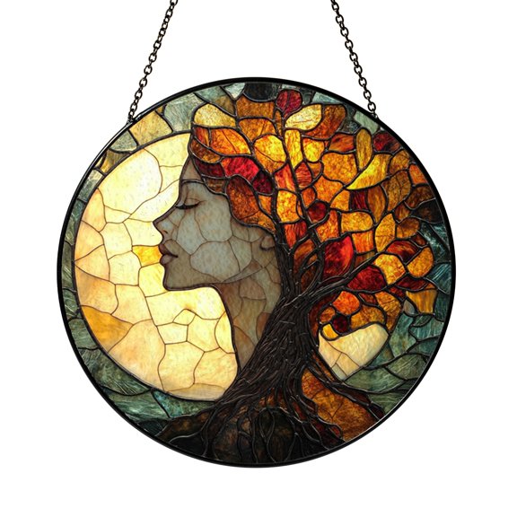 Stained Glass Fairy Tree Suncatcher Window Hanging, Artistic Nature Woman Window Art for Home Display
