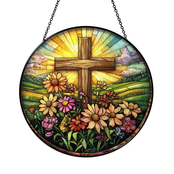 Stained Glass Faith Cross Suncatcher, Mountain Meadow Sunrise Window Hanging Decor, Religious Floral Scene Sun Catcher for Home Window