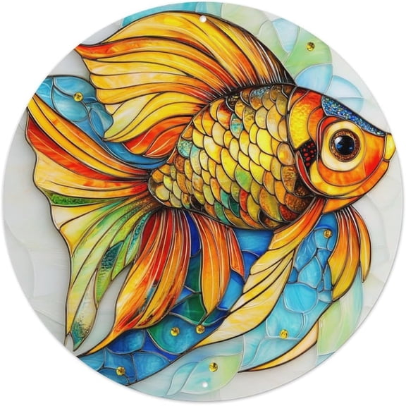 Stained Glass Fantasy Fish Round Aluminum Sign 8x8 Inch Wall Art Decoration Office Farmhouse Garden Outdoor Plaque