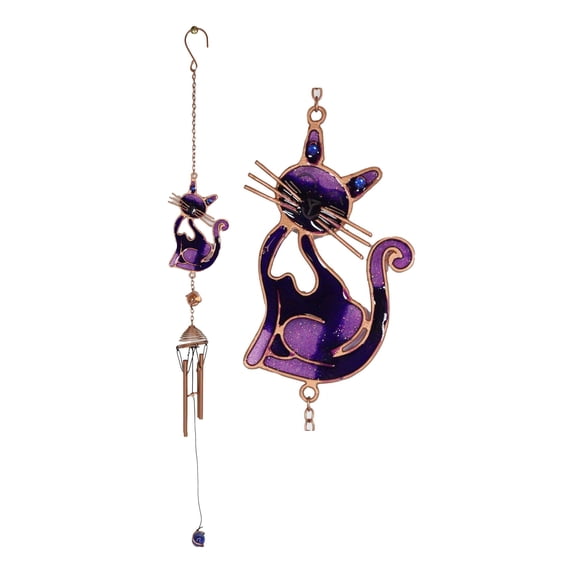 Stained Glass Feline Love Purple Slinky Cat Wind Chime Suncatcher Garden Patio