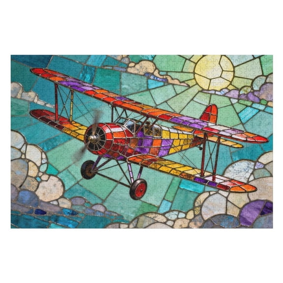Jigsaw Puzzle 500 Pieces for Adults, Stained Glass Fighter Plane Retro Aircraft, Exquisite Leisure Game, Home Decoration