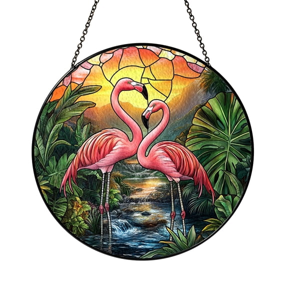 Stained Glass Flamingos at Sunset Window Hanging – Vibrant Flamingo and Sunset Scene, Tropical Stained Glass Art, Lovely Gift for Nature and Bird Lovers