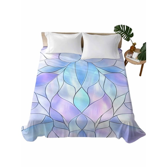 Stained Glass Flat Sheet Only Twin Size, Soft Breathable Bed Top Sheets for Mattress, Blue Purple Floral Geometric Luxury Bedding Flat Sheets for Home Hotel Bedroom Bed Protection