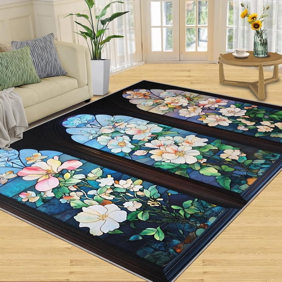 Stained Glass Floral Area Rug, Abstract Flower Washable Rug, Non Slip Low Pile Carpet for Living Room Bedroom Home Decor 2x3ft