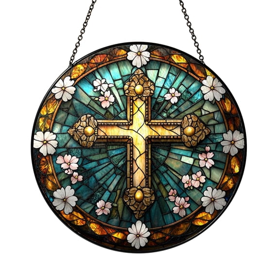 Stained Glass Floral Cross Suncatcher Window Hanging, Decorative Religious Window Art for Home Display