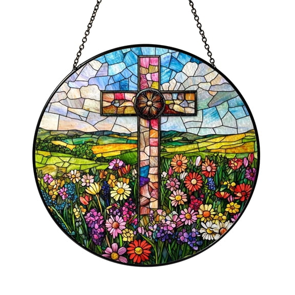 Stained Glass Floral Cross Suncatcher Window Hanging, Gentle Religious Window Decor