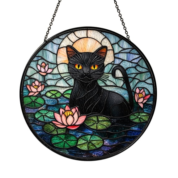 Stained Glass Floral Lotus Cat Suncatcher Window Hanging, Vibrant Home Window Decor