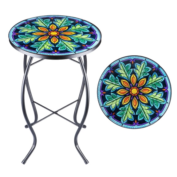 Stained Glass Floral Mandala Side Table Round Accent Table, Indoor/Outdoor End Table,Indoor/Outdoor Patio/Living Room Decor