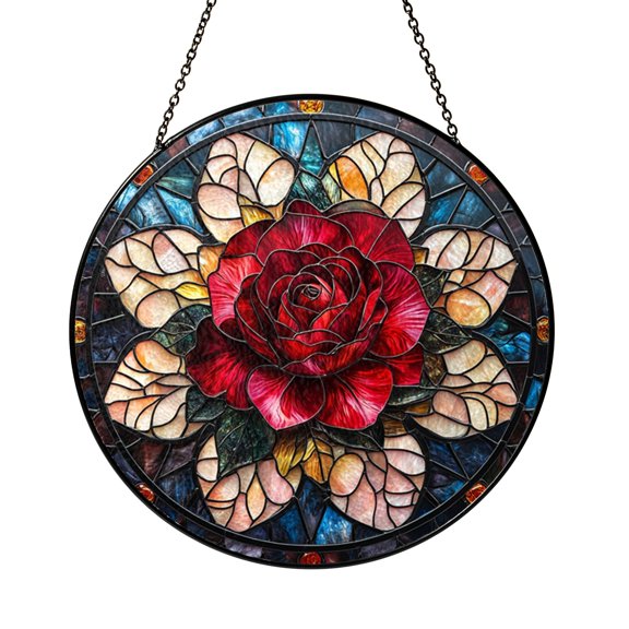 Stained Glass Floral Mandala Suncatcher with Rose Inspired Circular Design, Decorative Window Art Panel