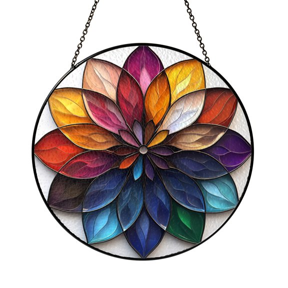 Stained Glass Floral Rosette Decor Panel with Circular Flower Geometry for Interior Display