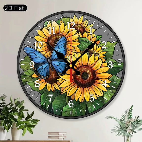 Stained Glass Floral Sunflower Round Wall Clock, Mom Gift, Gift for Mom