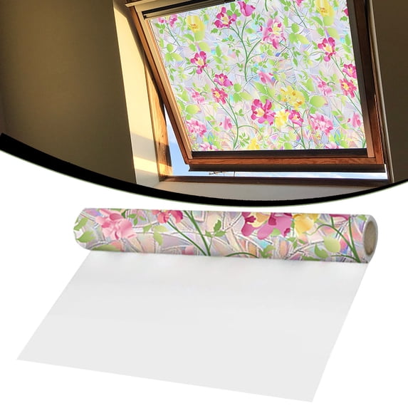 Stained Glass Floral Window Film,17X39" Static Cling Decorative Window Sticker, Colorful Flower Privacy Window Covering, Non-Adhesive Window Decor Film, Botanical Pattern Sun Catcher Window Vinyl