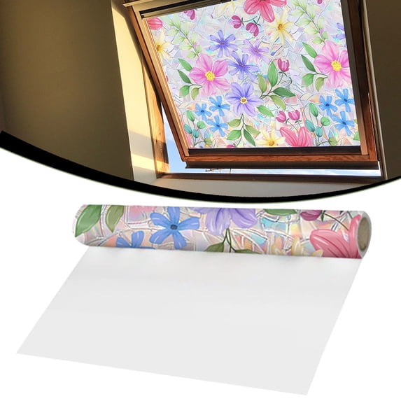 Stained Glass Floral Window Film,17X78" Static Cling Decorative Window Sticker, Colorful Flower Privacy Window Covering, Non-Adhesive Window Decor Film, Botanical Pattern Sun Catcher Window Vinyl
