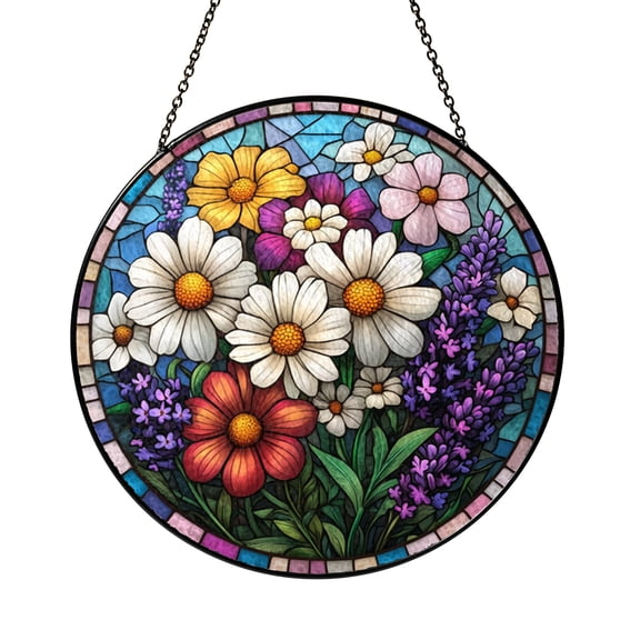 Stained Glass Floral Window Panel – Red Gerberas and Yellow Flowers with Mosaic Border