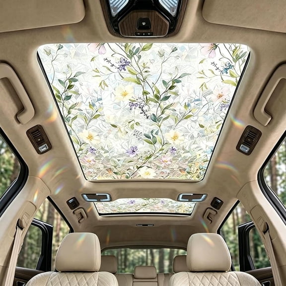 Stained Glass Flower Sunroof Decal, Rainbow Static Cling Window Film, Privacy UV Protection for Car & Home