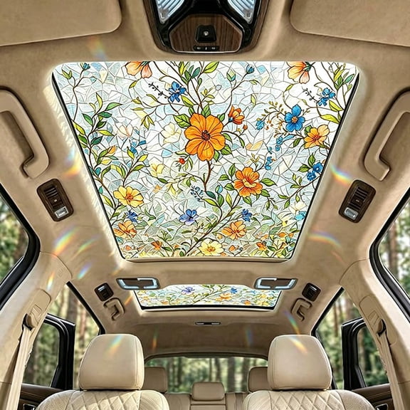 Stained Glass Flower Sunroof Decal, Rainbow Static Cling Window Film, Privacy UV Protection for Car & Home