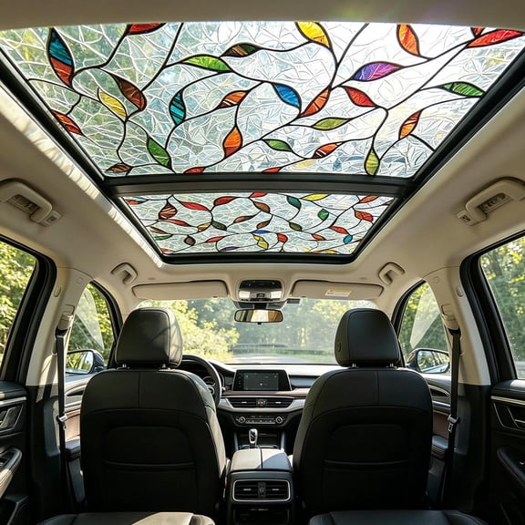 Stained Glass Flower Sunroof Decal, Rainbow Static Cling Window Film, Privacy UV Protection for Car & Home
