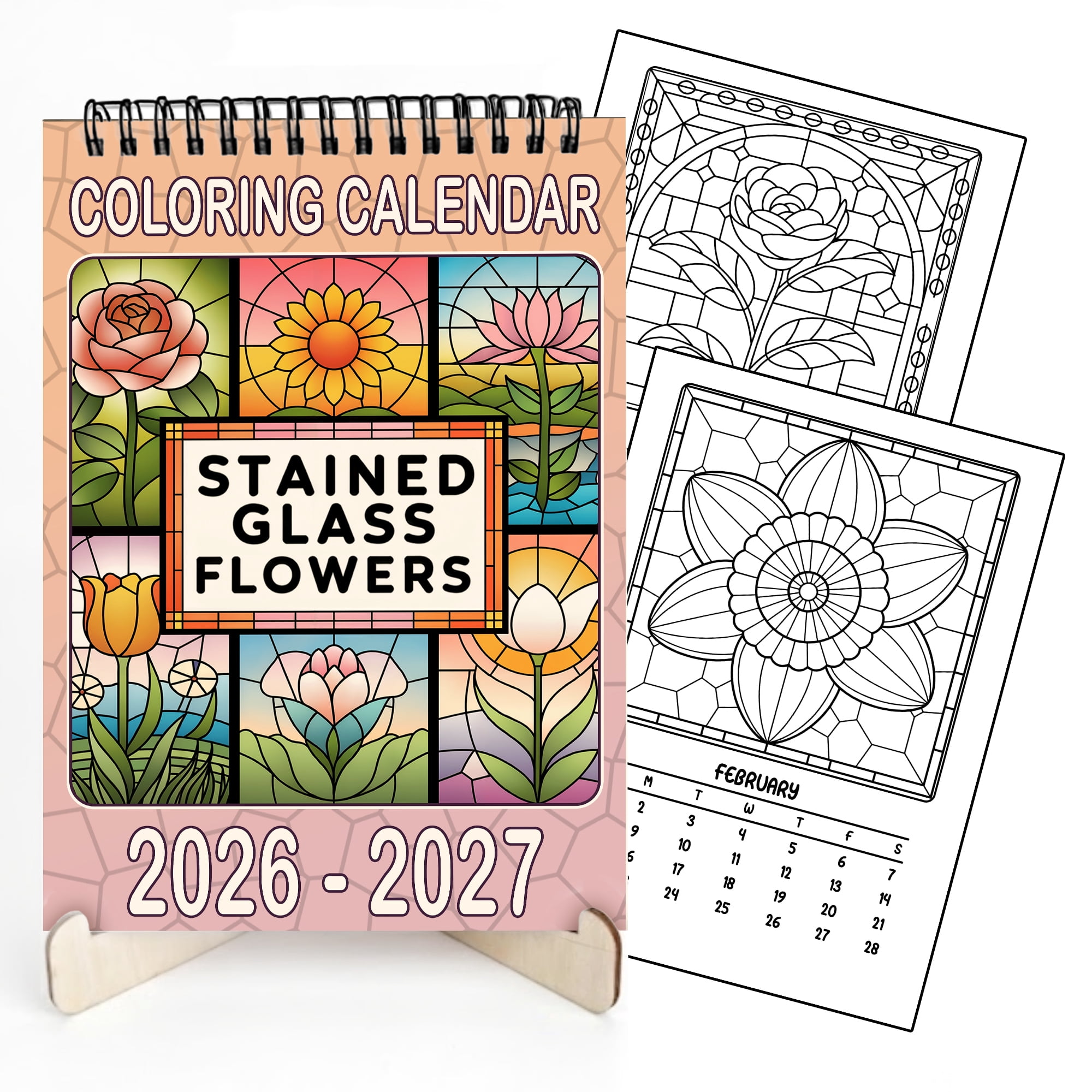 Stained Glass Flowers Coloring Desk Calendar 2026–2027, A5 Wooden Cover Planner with 26 Easy Coloring Pages for Adult Relaxation, 24 Month Desktop Calendar with Stand, Gift for Family & Friends