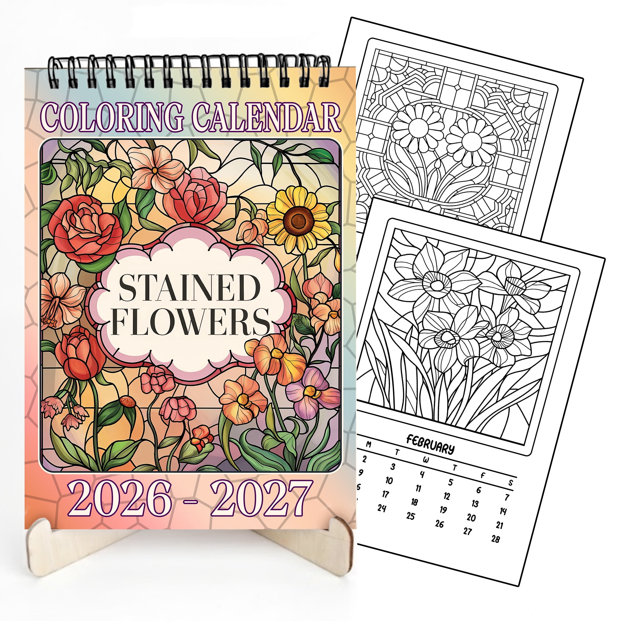 Stained Glass Flowers Coloring Desk Calendar 2026–2027, A5 Wooden Cover Planner with 26 Easy Coloring Pages for Adult Relaxation, 24 Month Desktop Calendar with Stand, Gift for Family & Friends