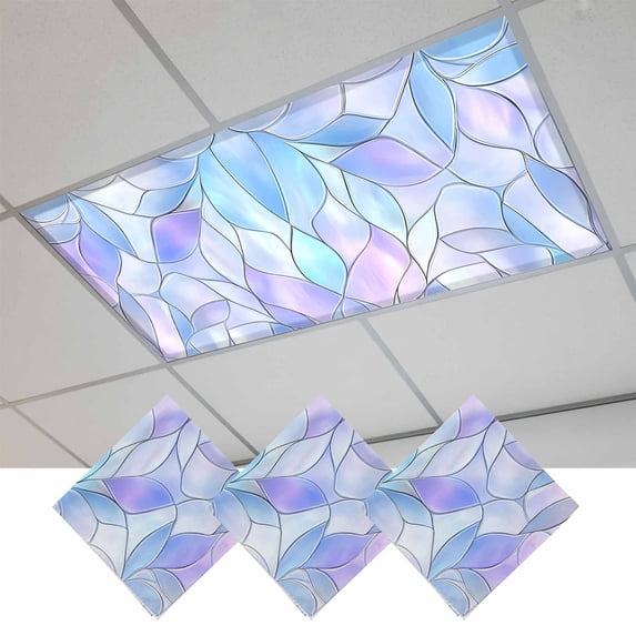 Stained Glass Fluorescent Light Covers, Blue Purple Floral Geometric Magnetic Light Covers for Ceiling Lights, Fluorescent Ceiling Shade Filters for Classroom Bedroom Office 4x2Ft x 3PCS