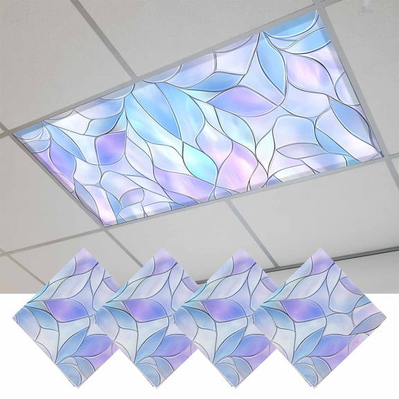 Stained Glass Fluorescent Light Covers, Blue Purple Floral Geometric Magnetic Light Covers for Ceiling Lights, Fluorescent Ceiling Shade Filters for Classroom Bedroom Office 4x2Ft x 4PCS