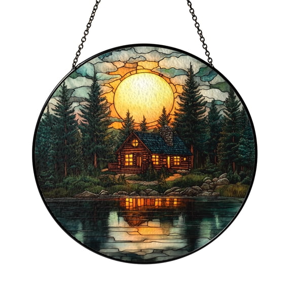 Stained Glass Forest Cabin Window Hanging, Cozy Log House with Sunset Woodland Scene, Rustic Nature Home Accent