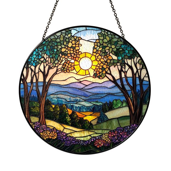 Stained Glass Forest Tree Light Rays Window Hanging Art