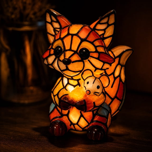 Stained Glass Fox Mouse Table Lamp Cute Resin Animal Night Light Warm Glow Decorative Mini Desk Light Bedroom Gift
