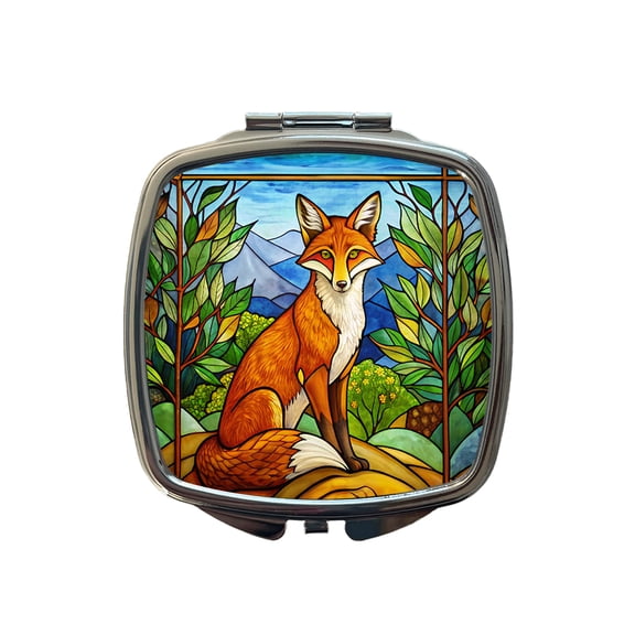 Stained Glass Fox Sitting Travel Makeup Handbag Purse Small Pocket Compact Mirror