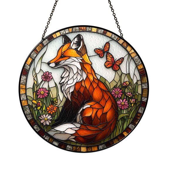 Stained Glass Fox Suncatcher Window Hanging, Woodland Forest Animal Art Sun Catcher, Rustic Nature Home Decor Gift