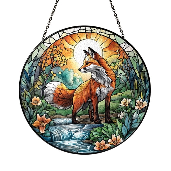 Stained Glass Fox Window Art Forest River Wildlife Scene Decorative Glass Suncatcher for Home Interior Window Accent