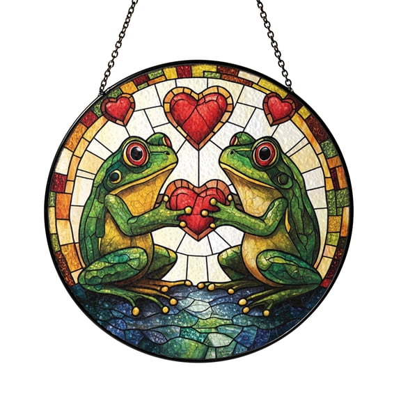 Stained Glass Frog Duo Window Hanging Featuring Heart Motif, Whimsical Romantic Decor for Nature Themed Interiors