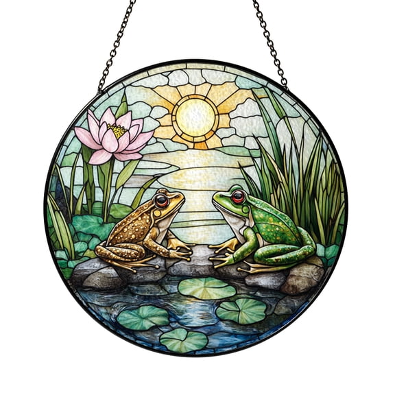 Stained Glass Frog Pond Suncatcher Window Hanging, Peaceful Nature Scene Home Window Decor