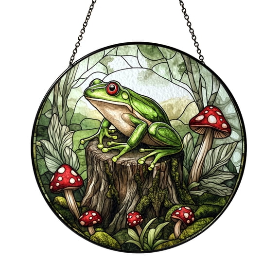 Stained Glass Frog Window Hanging, Magical Toadstool Forest Theme, Woodland Nature Style Decor
