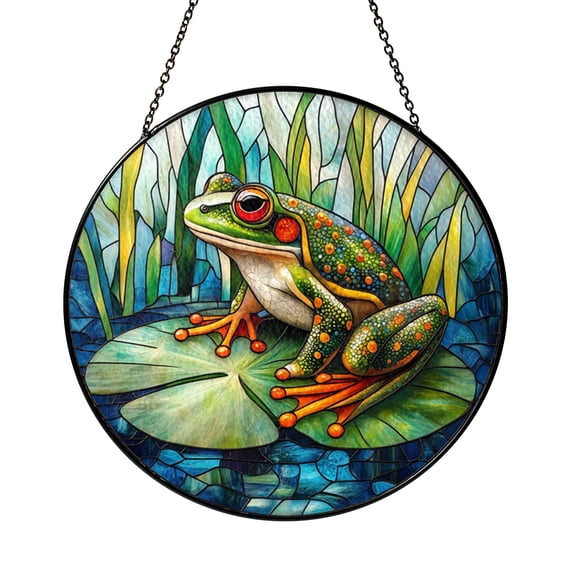 Stained Glass Frog on Lily Pad Sun Catcher, Round Window Hanging, Nature Lover Gift Idea