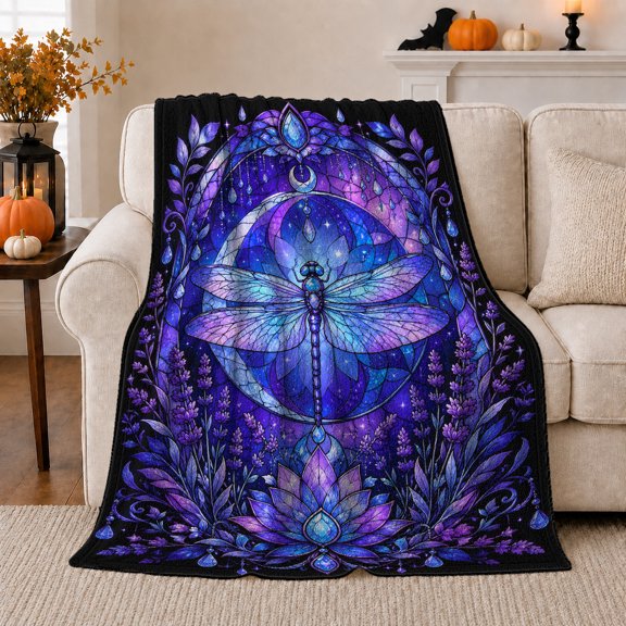 Stained Glass Galaxy Dragonfly, Mystical Celestial Art Scene, Warm Flannel Blanket for Sunroom and Reading Nook, Celestial Art Lovers Housewarming Gift, Celestial Home Decor