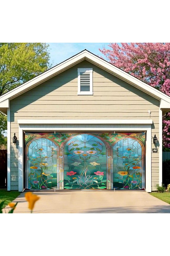 Stained Glass Garage Door Cover Banner Decorations, Spring garden Bridal Shower Outdoor Car Garage Door Murals Buddy Decorations Extra Large 16 X 7 Ft