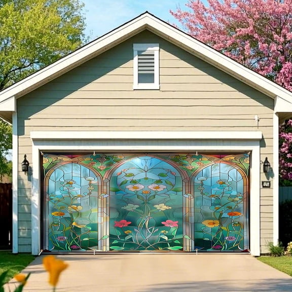 Stained Glass Garage Door Cover Banner Decorations, Spring garden Bridal Shower Outdoor Car Garage Door Murals Buddy Decorations Extra Large 16 X 7 Ft