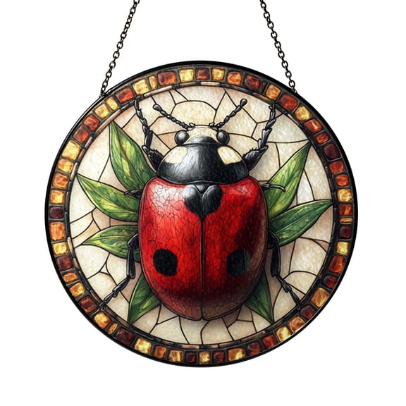 Stained Glass Garden Ladybug Suncatcher Window Hanging, Cheerful Home Window Decor