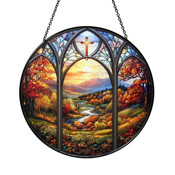 Stained Glass Gothic Chapel Suncatcher, Autumn Religious Window Art for Thanksgiving Home Decor